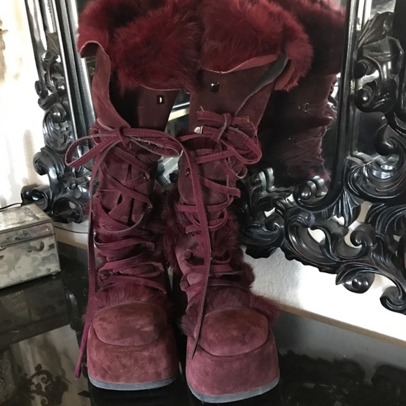 El Dantes burgundy fur knee boots goth platform 7 - Picture 8 of 8